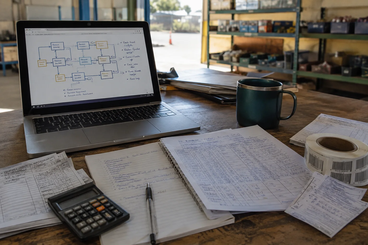 A working desk with process notes, a laptop workflow, inventory paperwork and ordinary operations tools.