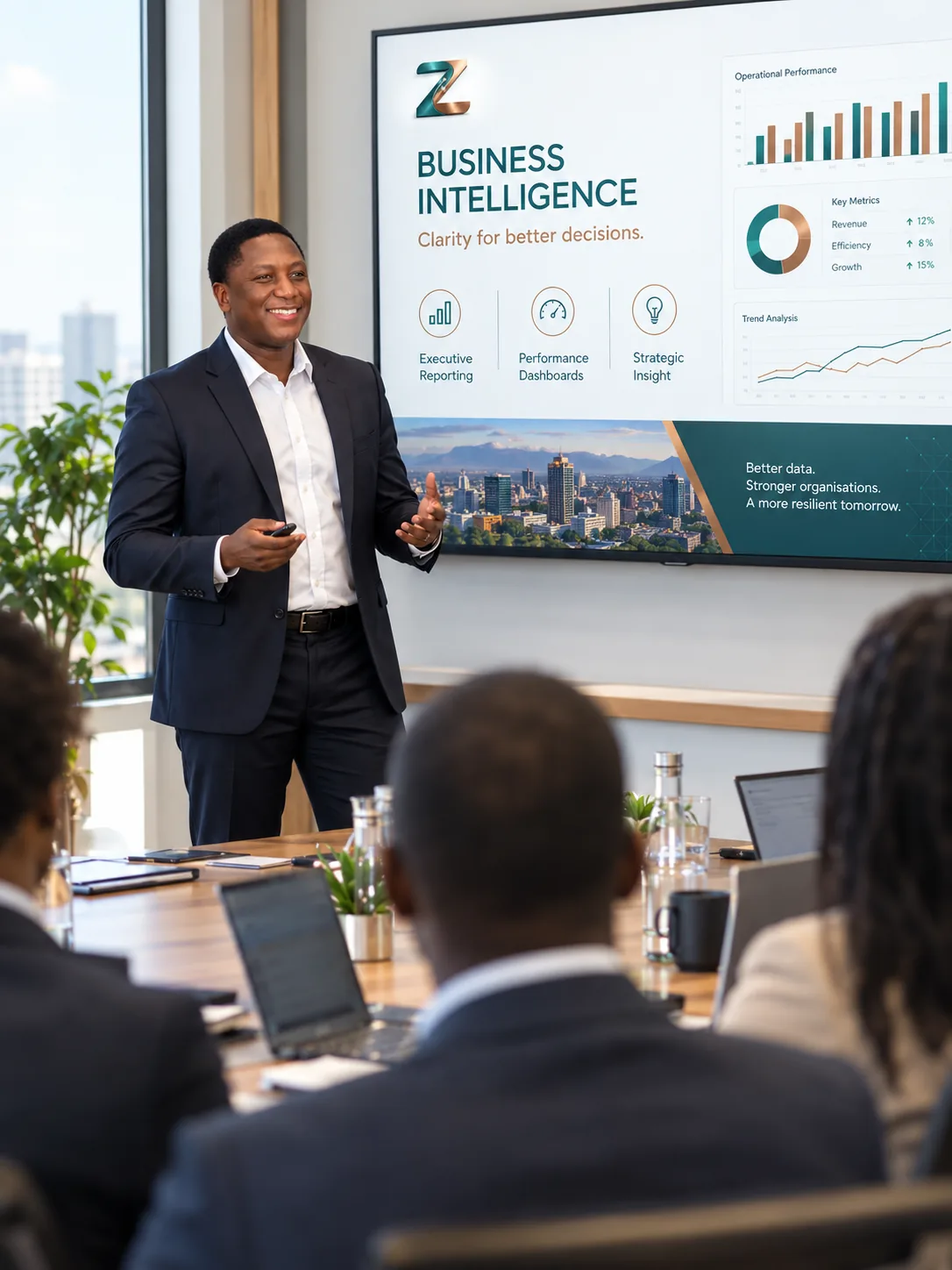 A consultant presents a business intelligence briefing to a team seated around a meeting table, with performance dashboards on the screen behind.