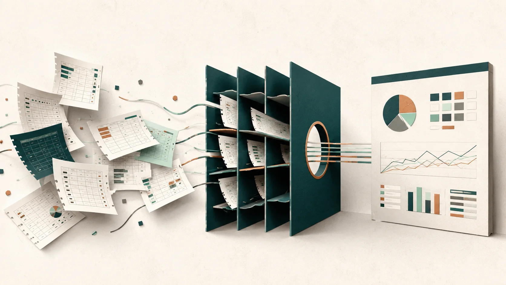 Scattered spreadsheet-like reports pass through an organising structure and resolve into a clear dashboard.