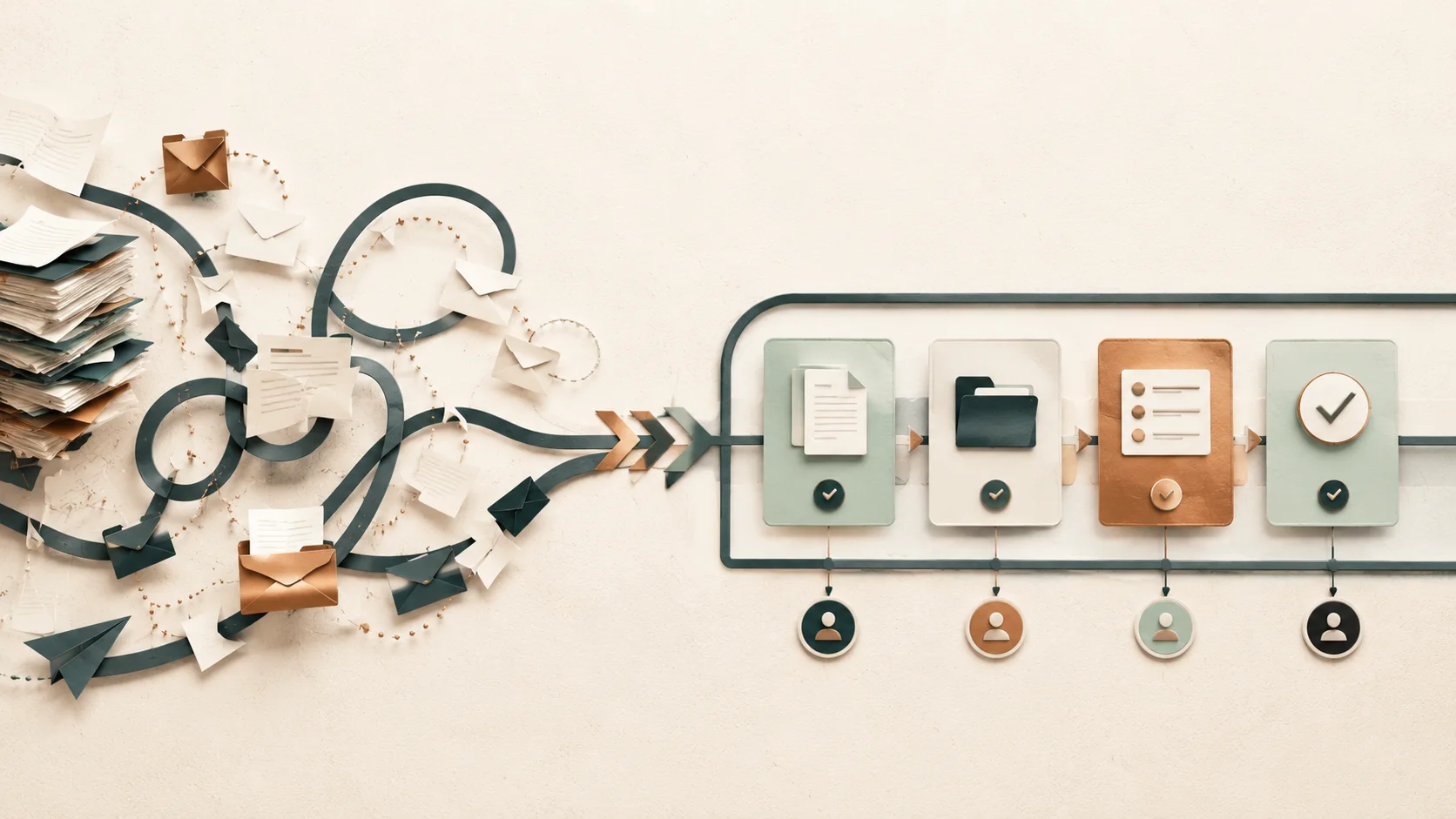 A trail of paper, email and files resolves into a clear sequence of controlled workflow stages.